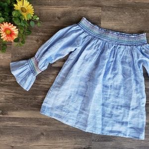 Blue Linen Rainbow Off-Shoulder Blouse